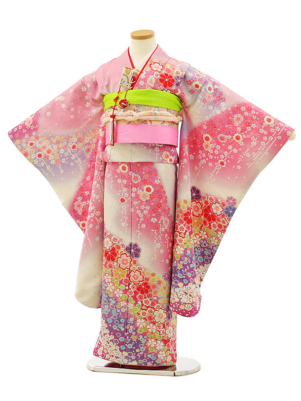 七五三レンタル(7歳女の子袋帯)Y040【高級正絹】ピンク 花づくし 