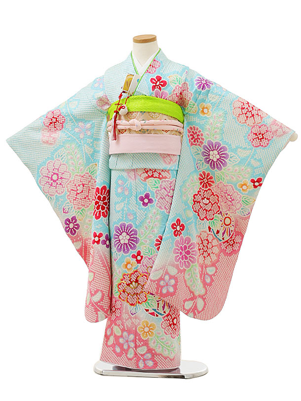 七五三(7歳女の子袋帯)Y043【高級正絹】水色裾ピンク絞りまり花