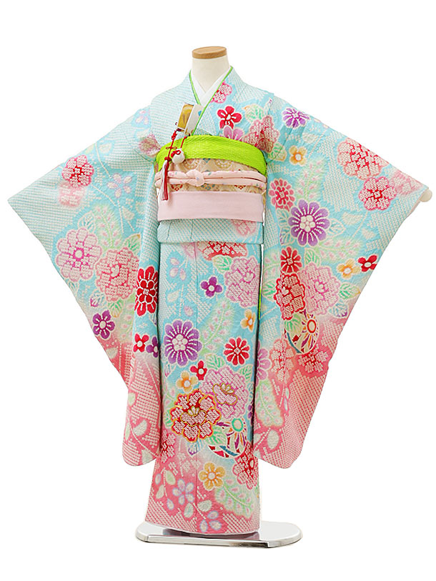 七五三(7歳女の子袋帯)Y043【高級正絹】水色裾ピンク絞りまり花 | 着物 