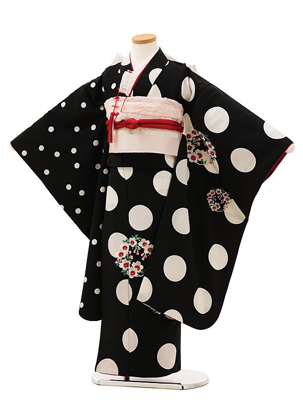 七五三レンタル(7歳女結び帯)Y144　黒ドット　刺繍桜