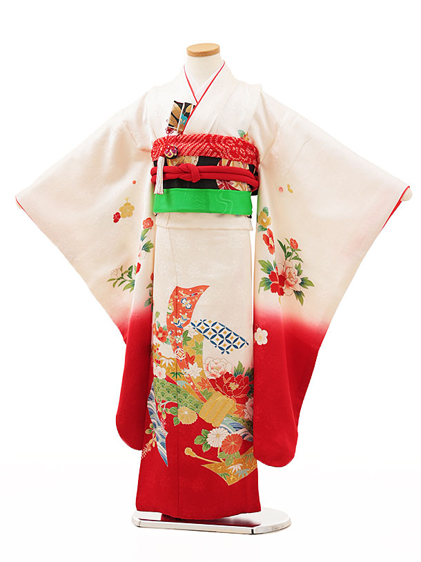 七五三(7歳女の子袋帯)Y185【高級正絹】白地 裾赤 束ね熨斗に花 | 着物