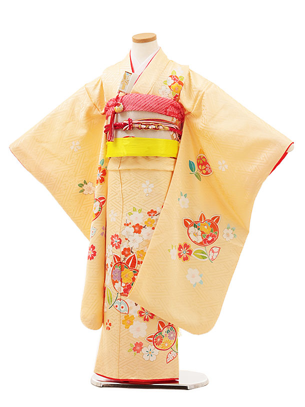 七五三(7歳女の子袋帯)Y189【高級正絹】たまご色地 橘に桜