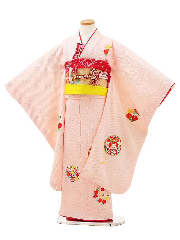 七五三(7歳女の子袋帯)Y191【高級正絹】ピンク絞り 刺繍 まり 花丸