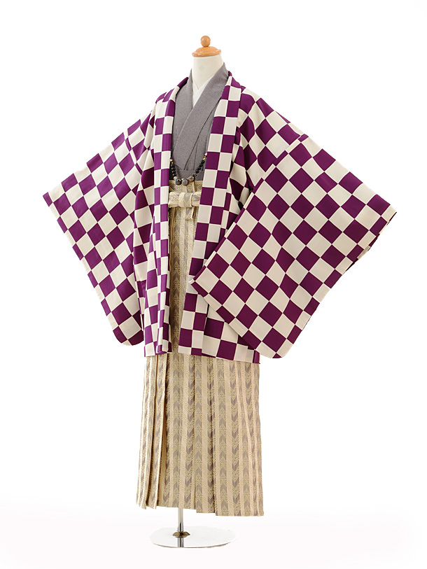 小学生 卒業式 袴 男児 0995紫市松×ﾍﾞｰｼﾞｭ縞袴