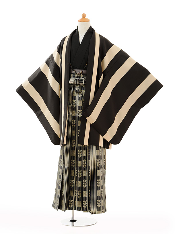 小学生 卒業式 袴 男児 9106黒ﾍﾞｰｼﾞｭ縞×黒ｺﾞｰﾙ | 着物レンタルの京都かしいしょう
