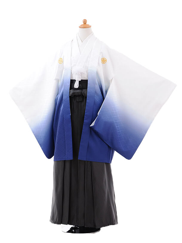 小学校 卒業式 男の子 袴 9422白紺ぼかし紋付×黒縞袴 | 着物レンタルの 