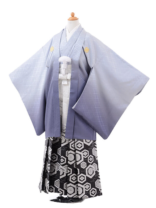 小学校 卒業式 男の子 袴 9423ﾌﾞﾙｰｸﾞﾚｰぼかし紋付×白黒 | 着物レンタル 