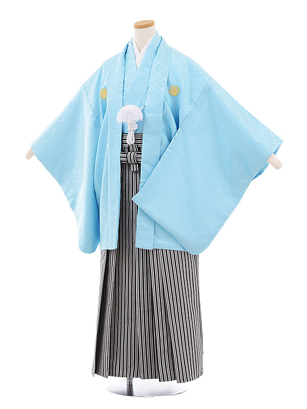 小学校 卒業式 男の子 袴 9453 水色菱柄紋付×白黒縞袴