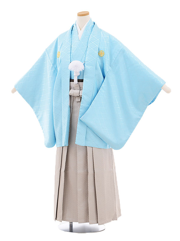 小学校 卒業式 男の子 袴 9456 水色菱柄紋付×ｸﾞﾚｰ袴