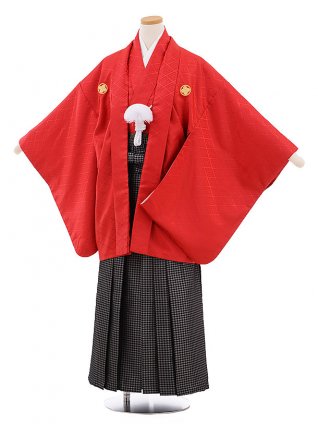 小学校 卒業式 男の子 袴 9469 赤地菱柄紋付×黒ｼﾙﾊﾞｰ袴