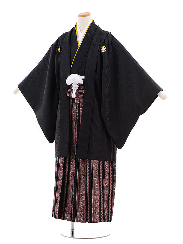 小学生卒業式袴男児D017 黒紋付×黒ピンク袴