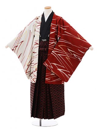 ｼﾞｭﾆｱ袴男児Z049 JAPANSTYLE 白 赤×黒 赤ﾗﾒ菱袴 | 着物レンタルの京都 