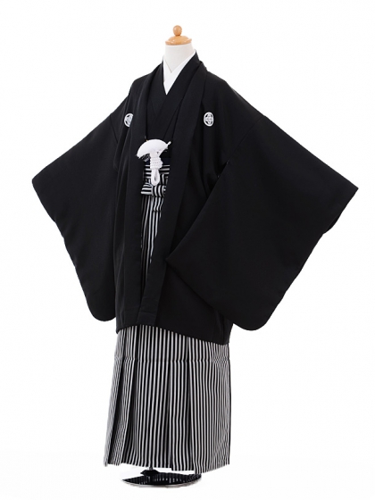 かんたん着付 小学生 卒業式 袴 男児 Z219黒紋付×黒縞