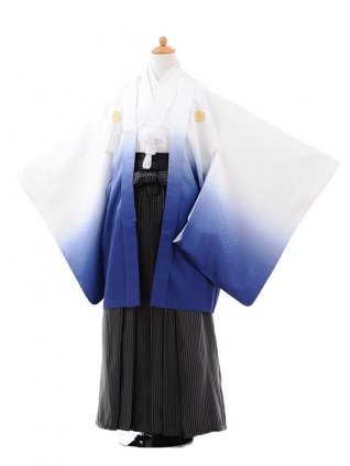 かんたん着付 小学校 卒業式 男児袴 Z323 白紺ぼかし紋付×黒縞袴