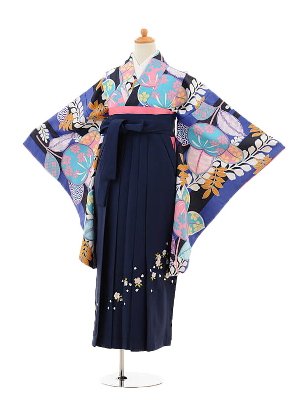 小学生卒業式袴レンタル（女の子）9140 青紫橘×紺袴