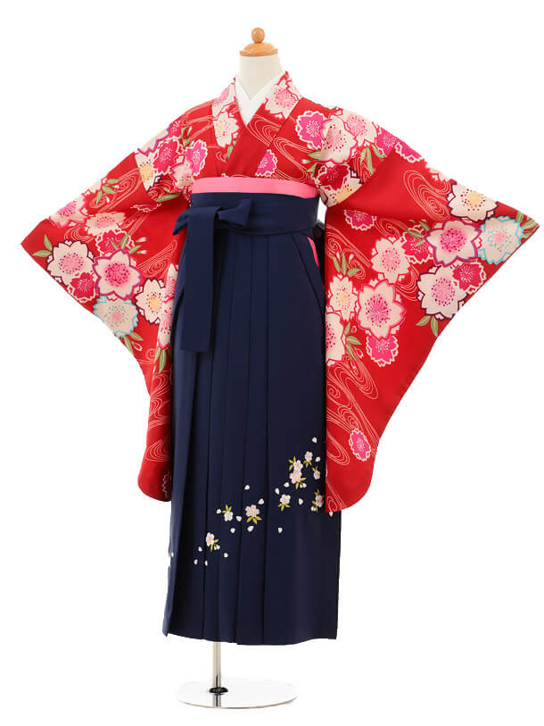 小学生卒業式袴レンタル（女の子）9189 赤地流水桜×紺袴