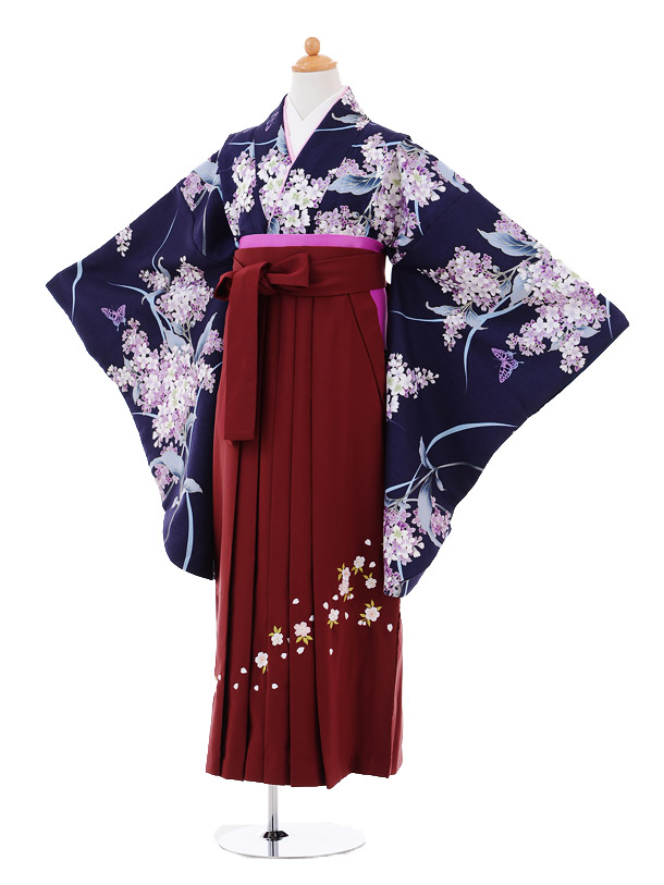 小学生卒業式袴レンタル（女の子）9301 紺地紫花×ｴﾝｼﾞ袴