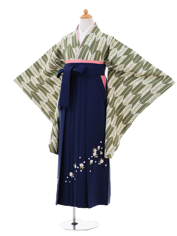 小学生卒業式袴レンタル（女の子）9321 ｸﾞﾘｰﾝ矢絣桜×紺袴