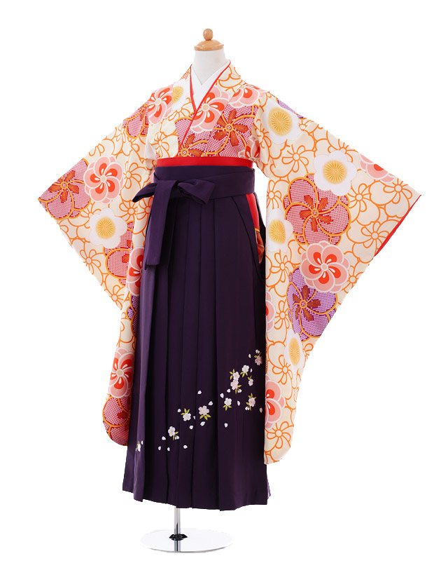 小学生卒業式袴レンタル（女の子）9351 ｸﾘｰﾑ梅×紫袴