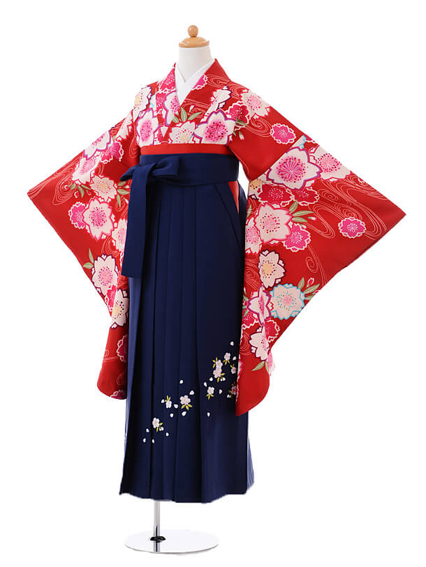 小学生卒業式袴レンタル（女の子）9385赤地流水桜×紺袴