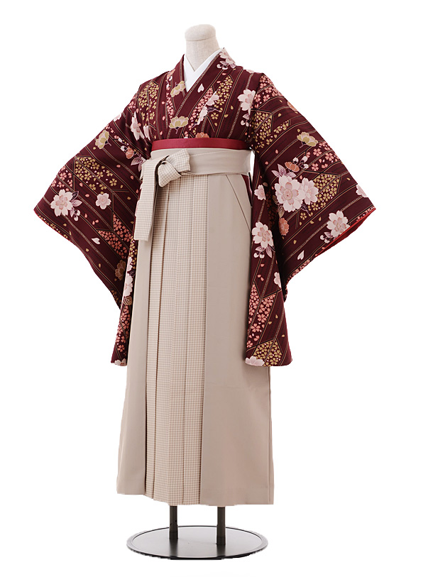 小学生卒業式袴レンタル（女の子）9388茶色桜×ﾍﾞｰｼﾞｭ袴 | 着物レンタル 