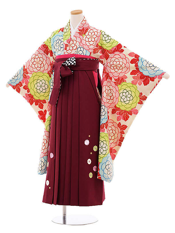 小学生卒業式袴レンタル9489紅一点ｸﾘｰﾑ地花×赤紫袴 | 着物レンタルの