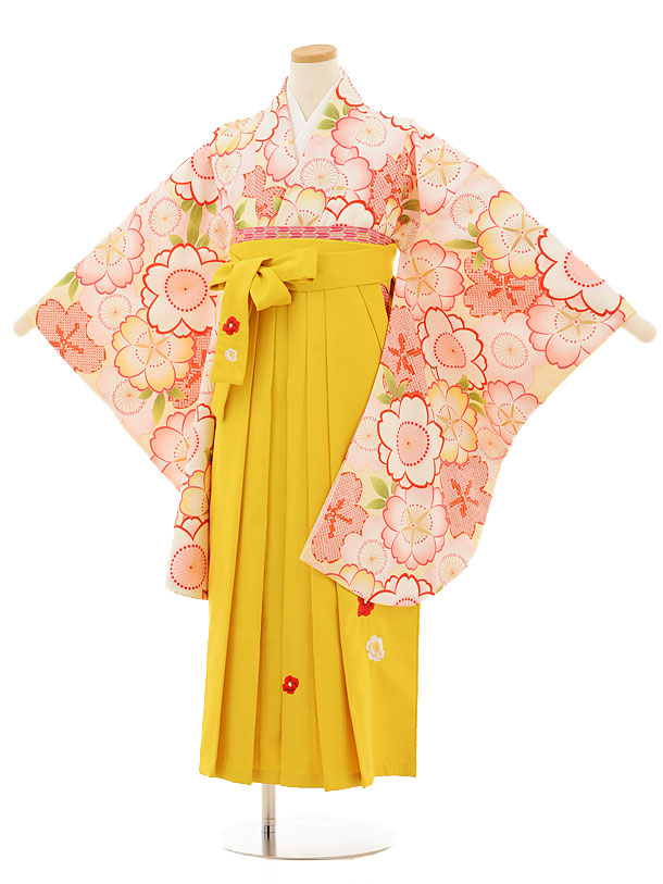 小学生卒業式袴レンタル（女の子）9512 ｸﾘｰﾑ地桜×ｲｴﾛｰ袴