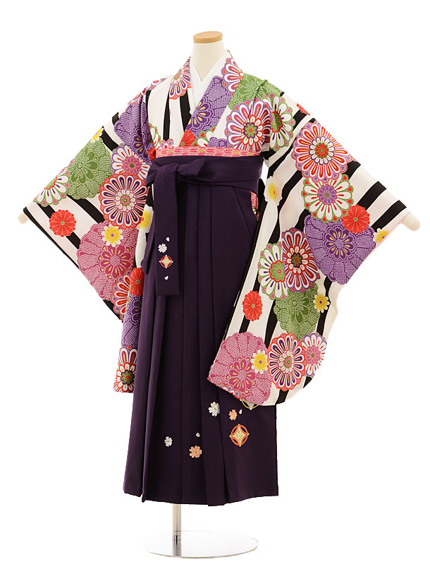 小学生卒業式袴レンタル（女の子）9526 白黒縞菊×ﾊﾟｰﾌﾟﾙ袴 | 着物 