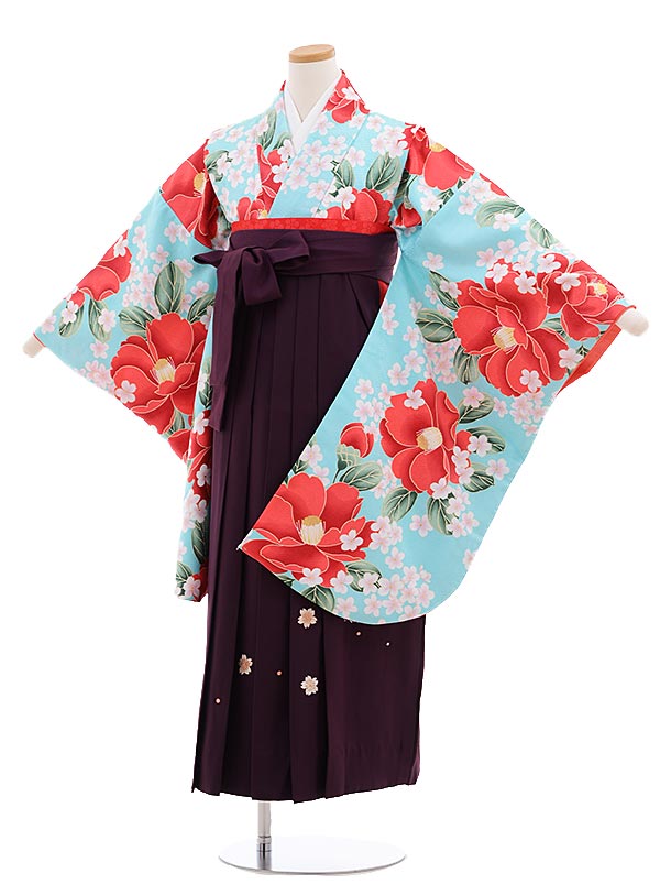 小学生卒業式袴レンタル（女の子）9648水色椿×ﾊﾟｰﾌﾟﾙ丸桜袴