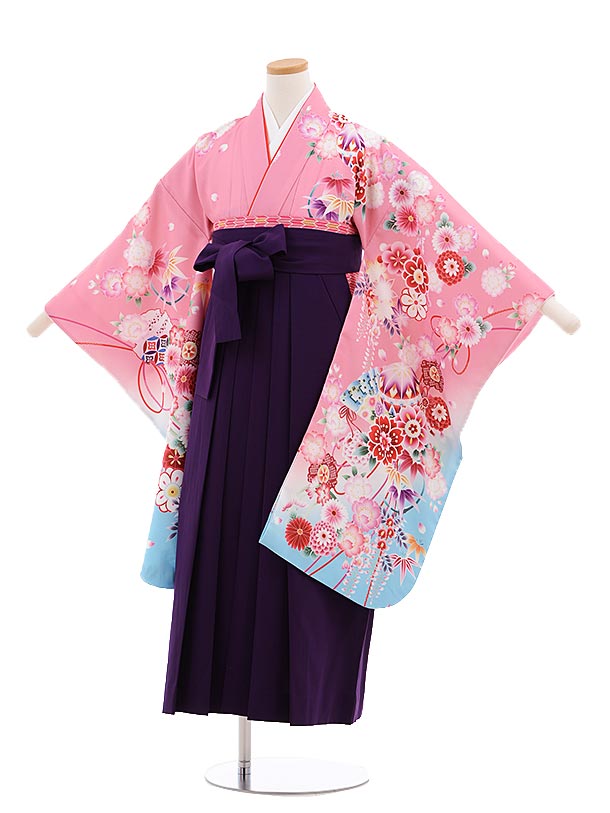 小学生卒業式袴レンタル（女の子）9653ﾋﾟﾝｸ裾水色花×紫袴