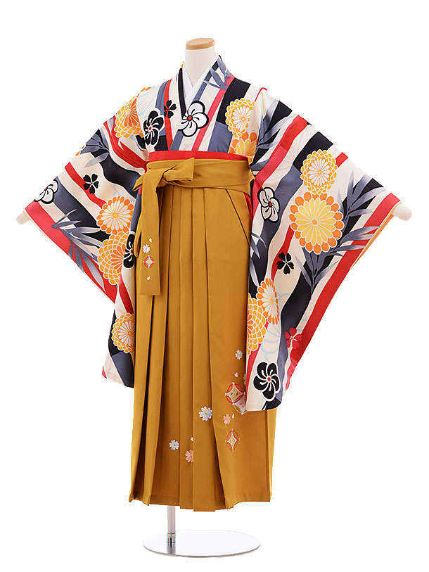小学校卒業式袴レンタル（女の子）9658白地ｽﾄﾗｲﾌﾟ菊×金茶袴 | 着物レンタルの京都かしいしょう