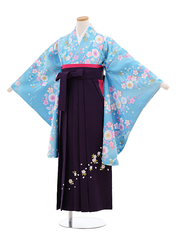 小学校卒業式袴レンタル（女の子）9659水色桜×ﾊﾟｰﾌﾟﾙ袴 | 着物レンタル 