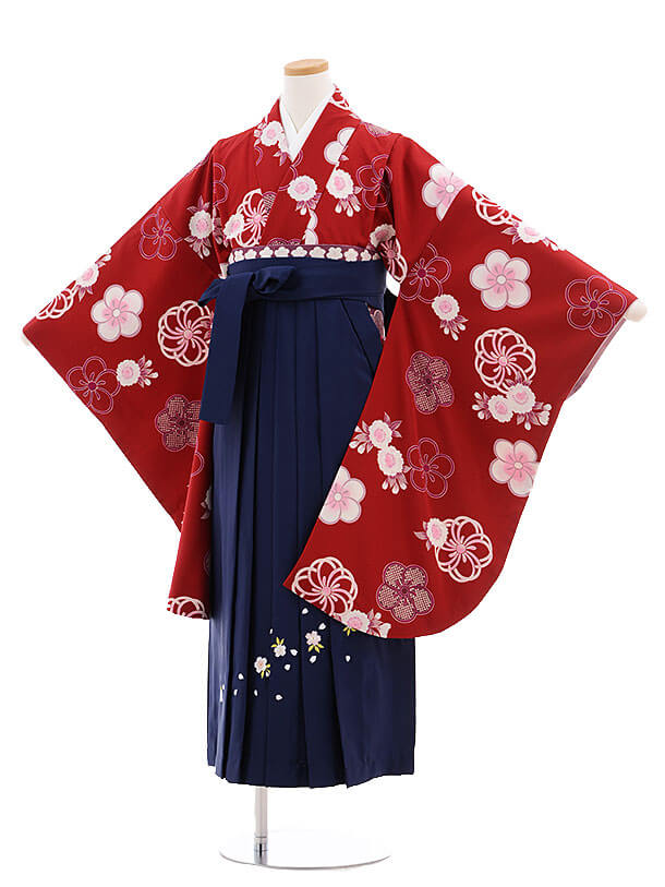 小学生卒業式袴（女の子）9706エンジ色梅×紺桜袴