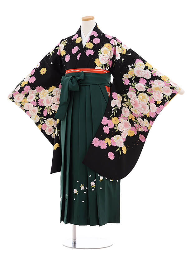 小学生卒業式袴（女の子）9708黒地枝垂れ桜×グリーン桜袴
