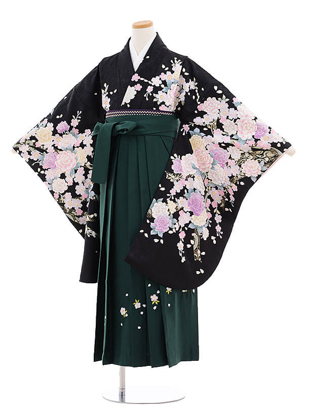 小学生卒業式袴（女の子）9709黒地バラ桜×グリーン桜袴