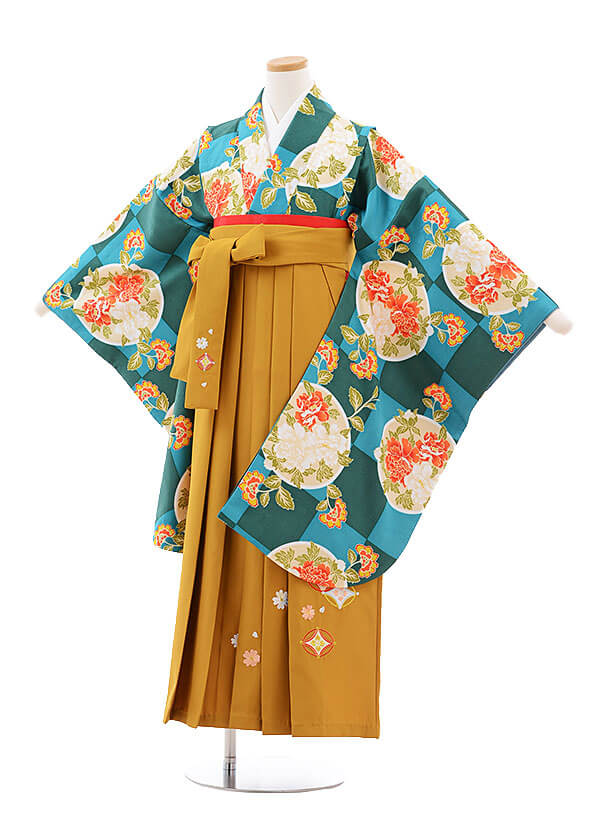 小学校卒業式袴レンタル(女の子)9760 ｸﾞﾘｰﾝ市松丸に花×金茶袴