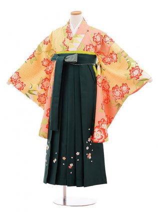 小学校卒業式袴レンタル（女の子）9864ｻｰﾓﾝﾋﾟﾝｸ花×ｸﾞﾘｰﾝ袴
