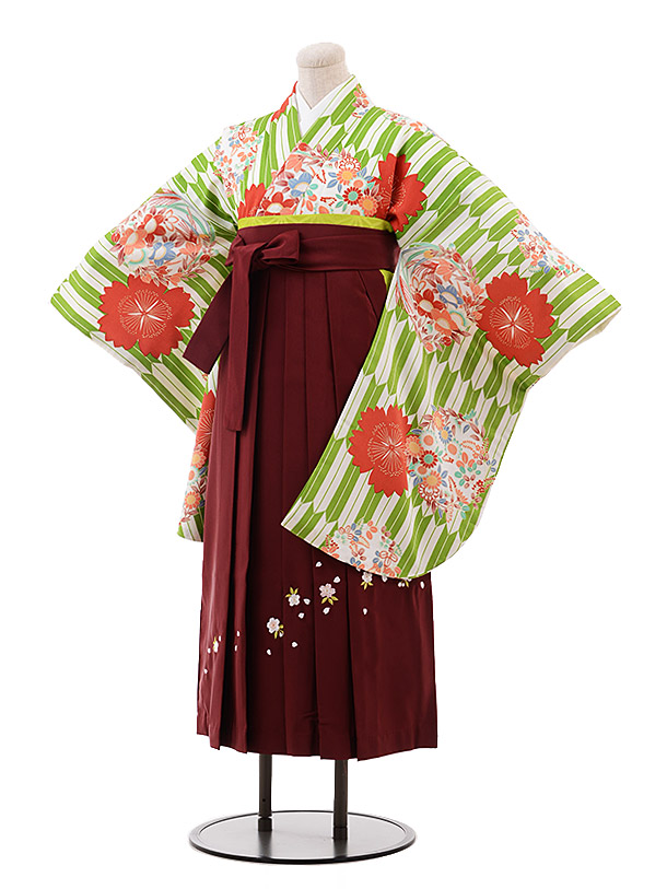 小学生 卒業式 袴 女児 9964 ｸﾞﾘｰﾝ 矢柄 花×ｴﾝｼﾞ桜袴 | 着物レンタルの 