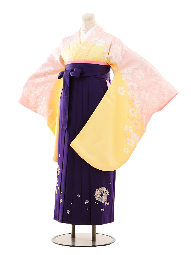 小学生卒業式袴女児B084ｲｴﾛｰﾋﾟﾝｸｺｽﾓｽ×紫袴