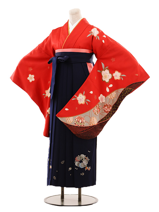 小学生卒業式袴女児B088赤桜とまり×紺袴