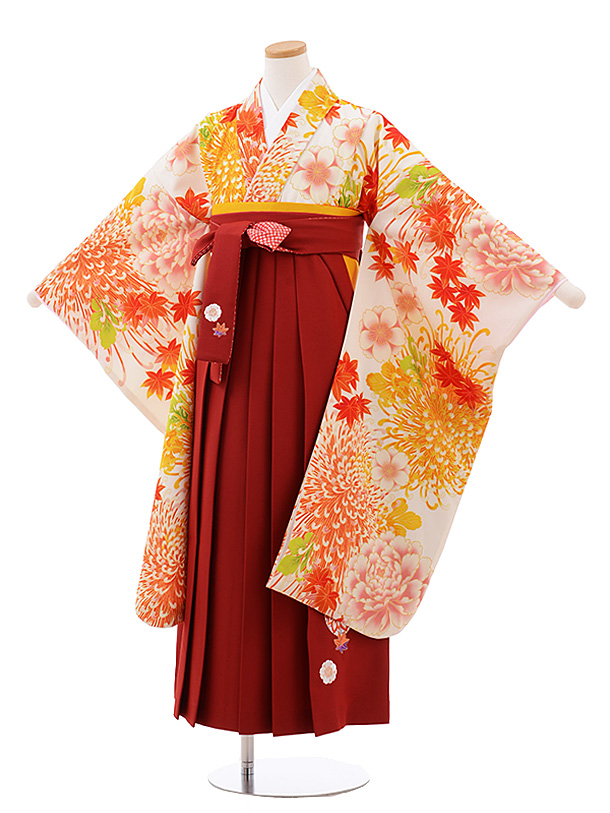 小学生卒業式袴レンタル9489紅一点ｸﾘｰﾑ地花×赤紫袴 | 着物レンタルの京都かしいしょう