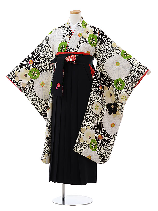 卒業袴ﾚﾝﾀﾙ Z098 九重 白 黒 菊椿x黒袴 | 着物レンタルの京都かしいしょう