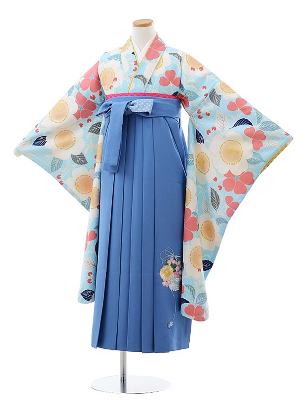 卒業袴ﾚﾝﾀﾙ Z128 ﾎﾟﾝﾎﾟﾈｯﾄ 水色 花xﾌﾞﾙｰ袴 | 着物レンタルの京都かしい 