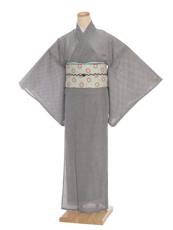 夏小紋ﾚﾝﾀﾙ 絽 0064白黒市松模様(化繊) | 着物レンタルの京都かしいしょう