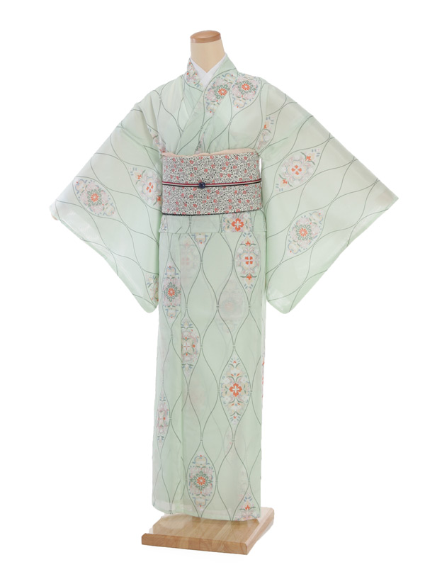 夏小紋ﾚﾝﾀﾙ0068ｸﾞﾘｰﾝ花(化繊 絽 夏) | 着物レンタルの京都かしいしょう