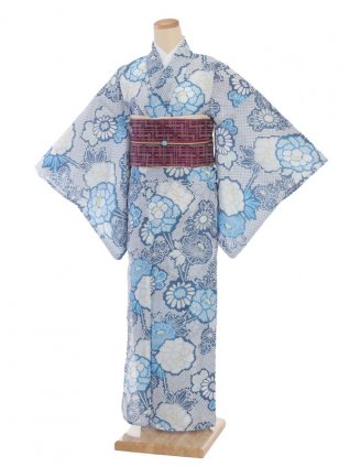 夏小紋ﾚﾝﾀﾙ0069濃ﾌﾞﾙｰ地花柄(化繊 絽 夏) | 着物レンタルの京都 