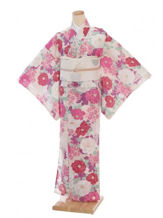 夏小紋ﾚﾝﾀﾙ 絽 0074白地ﾋﾟﾝｸ八重椿(化繊) | 着物レンタルの京都 