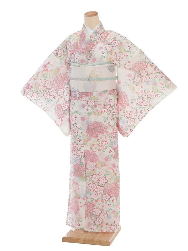 夏小紋ﾚﾝﾀﾙ0075白地薄ﾋﾟﾝｸ花(化繊 絽 夏) | 着物レンタルの京都かしい 