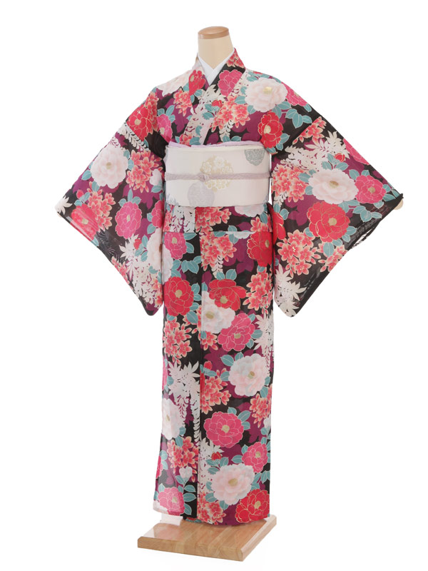 夏小紋ﾚﾝﾀﾙ 絽 0080黒地ﾋﾟﾝｸ八重椿(化繊) | 着物レンタルの京都かしい 