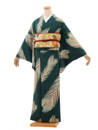 小紋ﾚﾝﾀﾙ461緑に孔雀羽(化繊) | 着物レンタルの京都かしいしょう